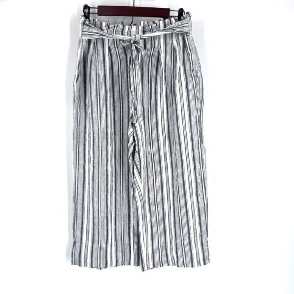 Zac & Rachel Women's Gray Striped Hi Rise Belted Linen Pants Size Medium Cropped